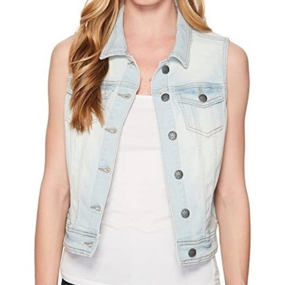 prAna Women's Medium Dree Light Blue Denim Button Down Vest Light Distressing - Picture 1 of 9